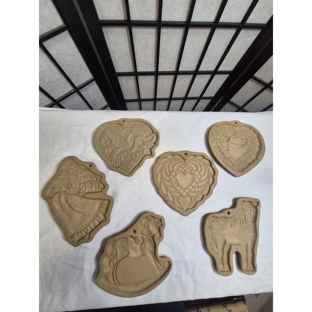 Vintage brown bag ceramic Cookie Molds, Rocking Horse, Horse, Hearts Angel